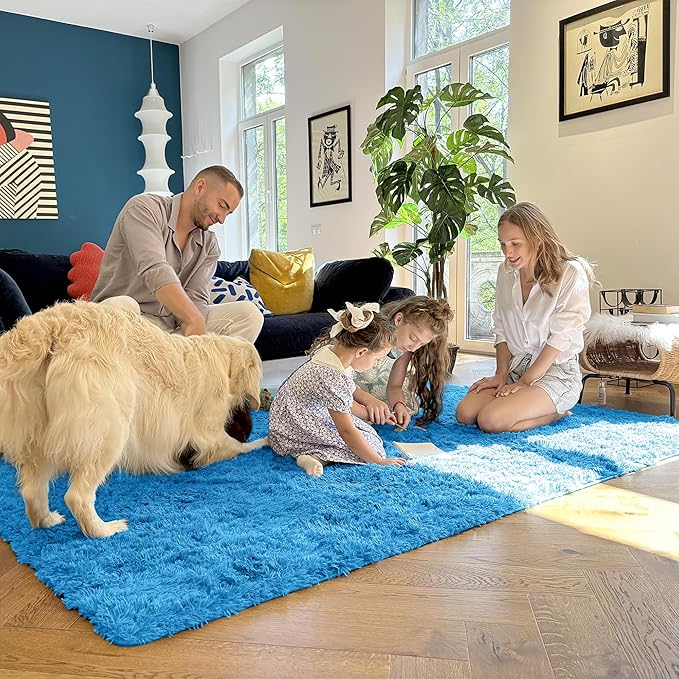OLANLY 9x12 Machine Washable Large Area Rugs for Living Room, Bedroom, Soft Fluffy Shaggy Bedside Rug, Indoor Floor Carpet for Kids Girls and Boys, Dorms, Nursery, Home Decor Aesthetic, Bright Blue