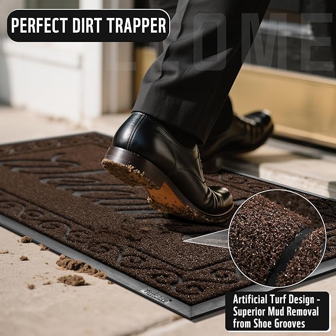 Yimobra Welcome Mat, Heavy Duty Sturdy Door Mats for Home Entrance Outdoor Indoor, Front Doormat for Outside Patio Floor Entry Porch Garage Office, Waterproof, Low Profile, 47 x 24, Coffee