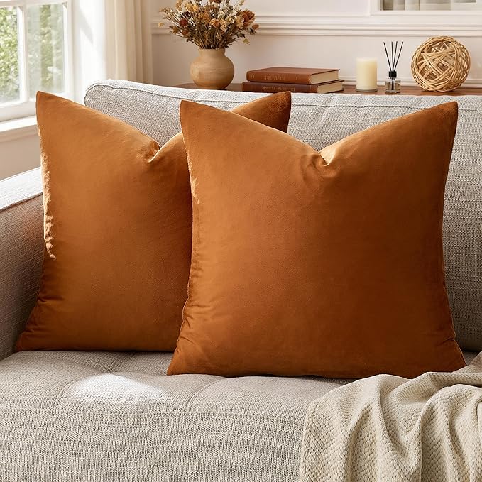 GIGIZAZA 18x18 Pillow Covers Set of 2 Velvet Throw Pillows Decorative Dark Burnt Orange Covers for Couch Sofa Bedroom Pillowscase