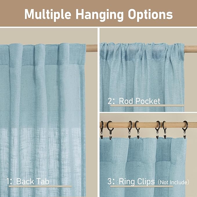LAMIT Stone Blue 72 inch Linen Curtains for Living Room 2 Panels, Linen Textured Light Filtering Semi Sheer Back Tab and Rod Pocket Panels for Bedroom/Farmhouse, 52 x 72 Inch