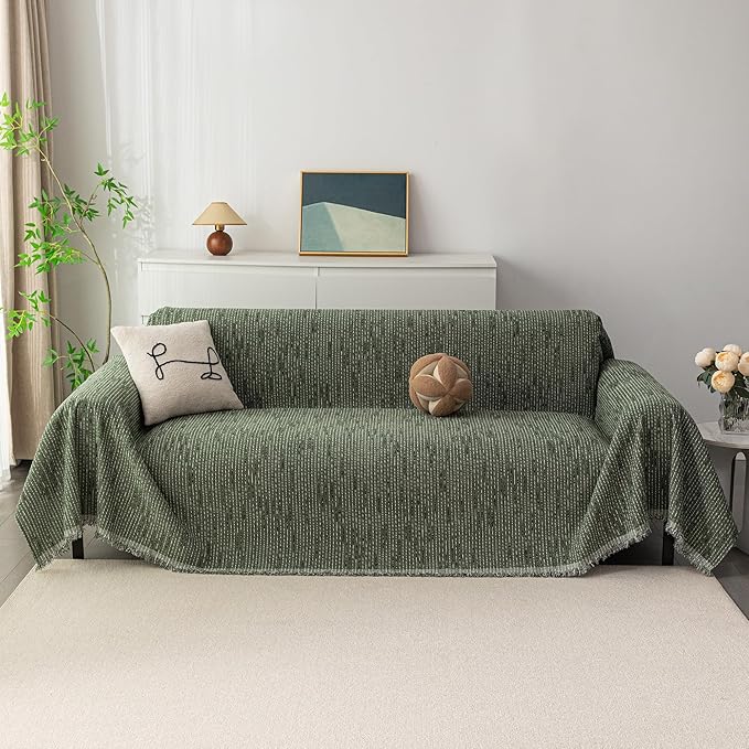MYSKY HOME Couch Covers for 2 Cushion Couch Sofa, Chenille L Shape Sectional Couch Cover - Pet-Friendly, Machine Washable, Non-Slip Sofa Protector for Dogs, Kids, 71"x118", Moss Green