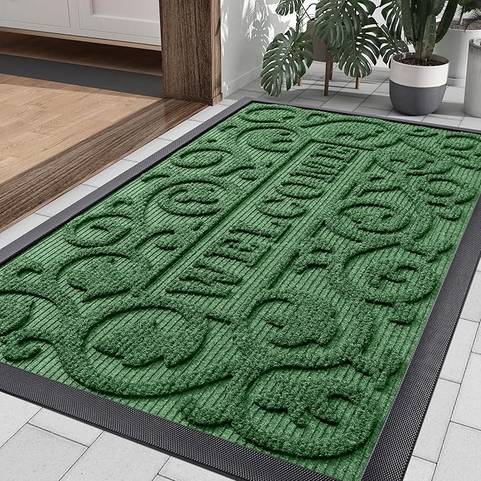 Smiry Welcome Door Mat Outside Entrance, Heavy Duty Trap Dirt and Moisture Easy Clean Low Profile Patio Porch Indoor Outdoor Front Doormat for Entry, 35x23 Inch, Green