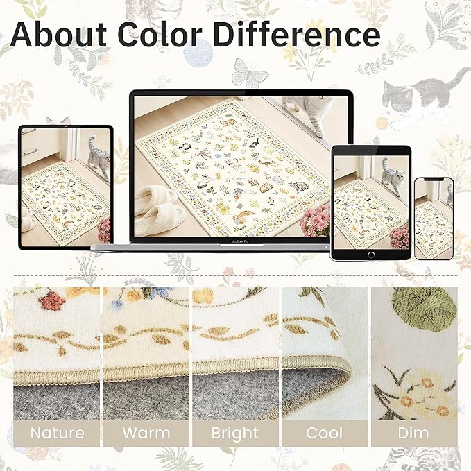 Cat 9x12 Area Rugs for Living Room, Machine Washable Animal Floral Vintage Rug Non-Slip Low Pile Soft Throw Large Rugs for Bedroom Dining Room Kitchen Nursery Playroom (9 x 12,Beige)