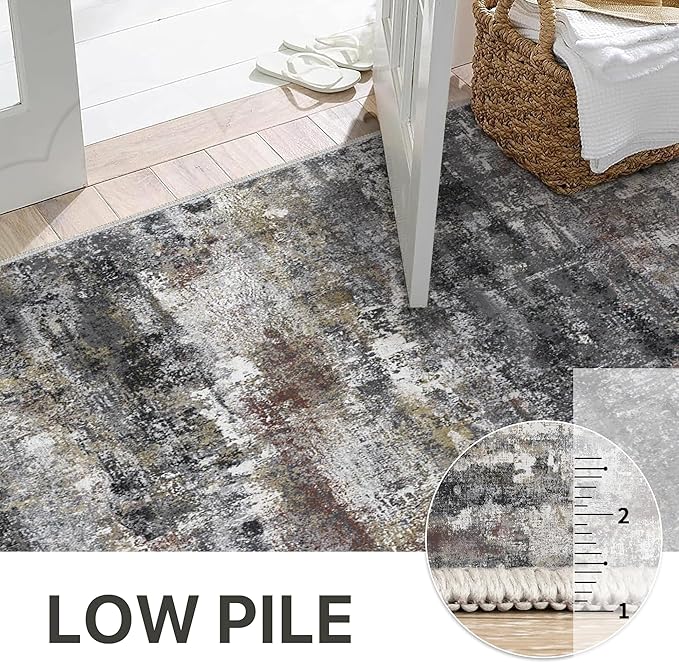 Runner Rug for Hallway Kitchen 2x10 Machine Washable Runners Rug for Entryway, Dark Gray Soft Modern Abstract Throw Rugs, Low Pile Floor Carpet with Non Slip Rubber Backing