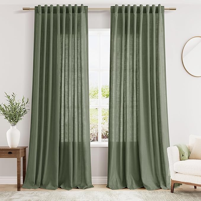 Nanspring Olive Green Linen Sheer Curtains 96 Inches Long 2 Panel Set Back Tab Rod Pocket Semi Sheer Light Filtering Breathability Elegance Modern Design for Bathroom Living Room 60x96