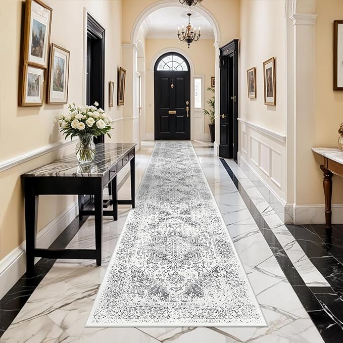 Hallway 2'6''x16' Runner Rug - Non-Slip Vintage Long Rug for Entryway Low-Pile Washable Medallion Runner Rugs for Hallway Waterproof Traditional Runner Rug Indoor Thin Rug for Kitchen (Grey)