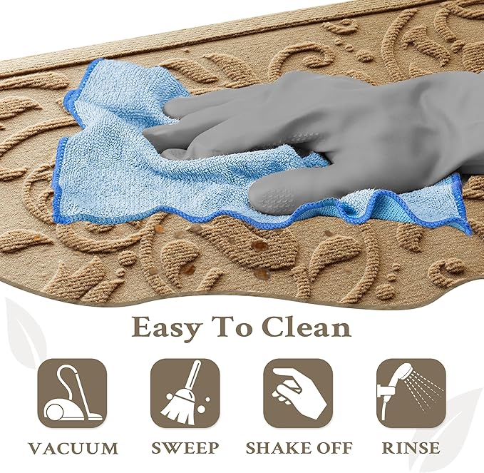 Boho Beige Floral Leaves Outdoor Indoor Entrance Doormats, Absorbent Durable Heavy Duty Welcome Front Door Mat,Thick Natural Rubber Back,Easy Clean Entryway Mat 17x30 Inch, Low Profile