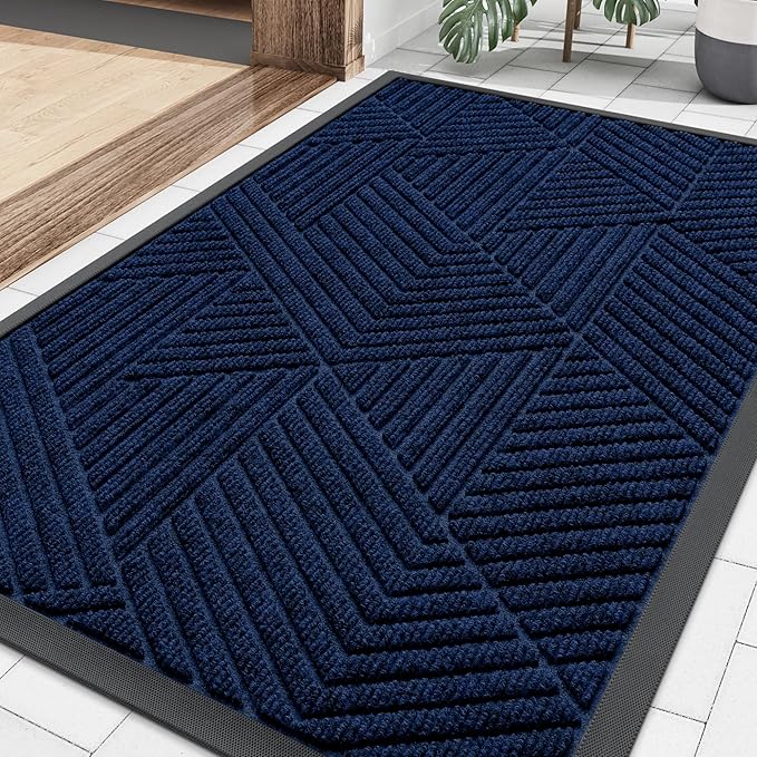 Smiry Front Door Mat Outside Entrance, Heavy Duty Sturdy Natural Rubber Doormat, Trap Dirt and Moisture, Easy Clean Low Profile Mats for Indoor Outdoor Entry, Irregular Triangle (29.5x17, Royal Blue)