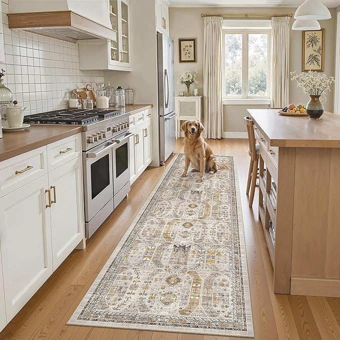 Madane Runner Rug 2x8, Washable Hallway Runner Rugs, Non-Slip Low-Pile Soft Kitchen Rug Runner Laundry Room Rug, Vintage Throw Entry Foyer Mat for Entrance Living Room (Brown/Gold, 2 x 8)
