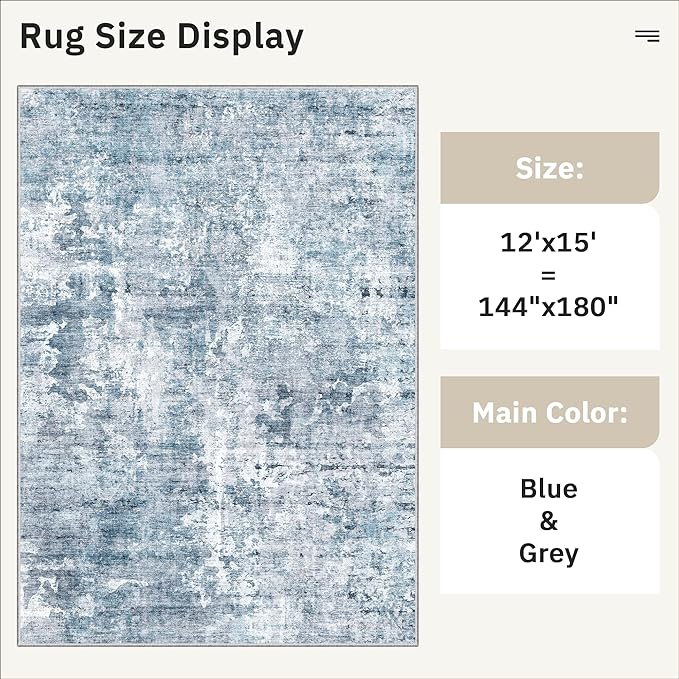 12x15 Washable Area Rug Blue/Grey Neutral Abstract Living Room Large Carpet Non Slip Bedroom Indoor Office Dining Room Low Pile Thin Rug