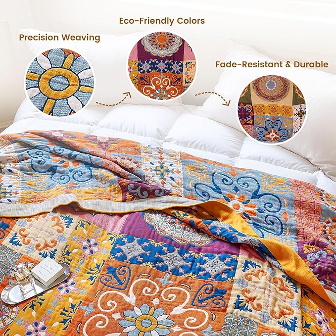 MSGKV Boho Throw Blanket for Couch 50"x60" 100% Cotton Blanket Spring Breathable Lightweight Blankets for Sofa Home Decor Muslin All Seasons