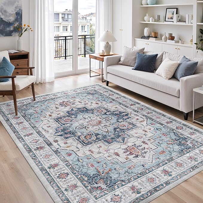 zesthome 6x9 Area Rugs, Machine Washable Rugs for Living Room, Bedroom,Stain Resistant Vintage Large Area Rug,Non-Slip Medallion Pattern Home Decor Rugs (Blue,6'x9')