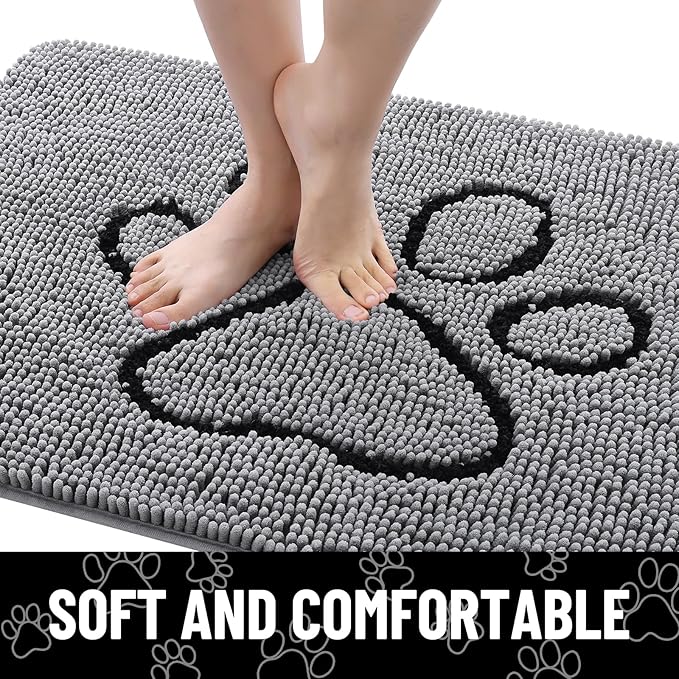 Smiry Dog Door Mat for Muddy Paws, Absorbent Dirt Trapper Non Slip Quick Dry Washable Chenille Mat for Mud Dogs, Entry Rug for Indoor and Outdoor (59x24 Inches, Grey and Black)