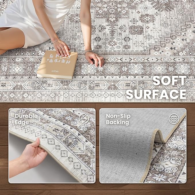zesthome 4x6 Rug - Stain Resistant Washable Rug, Anti Slip Backing Rugs for Living Room, Foldable Vintage Small Area Rugs (Brown/Beige,4'x6')