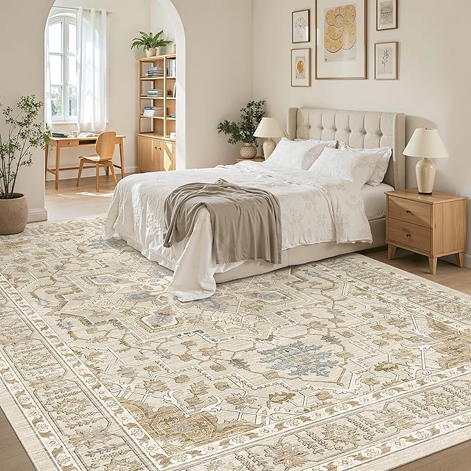 Madane Washable Rug 8x10 Area Rugs for Living Room, Ultra-Thin Non-Slip Backing Rug, Stain Resistant Vintage Large Area Rug for Bedroom (Beige/Blue, 8'x10')