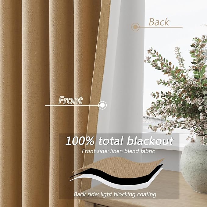Guken 100% Blackout Linen Curtains 84 Inch Length 2 Panels Set for Living Room Bedroom Back Tab Thermal Insulated Black Out Linen Drapes Room Darkening Window Curtains 84 Inches Long,Camel Brown