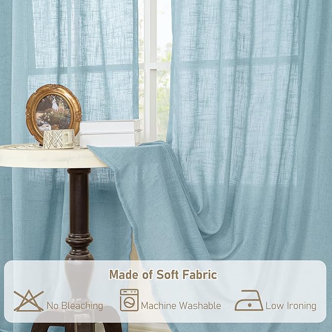 LAMIT Stone Blue Linen Curtains 45 Inch Length 2 Panels, Light Filtering Panels Back Tab and Rod Pocket Country Decor Drapes for Kitchen/Window/Loft Room/Bedroom, 34 x 45 Inch