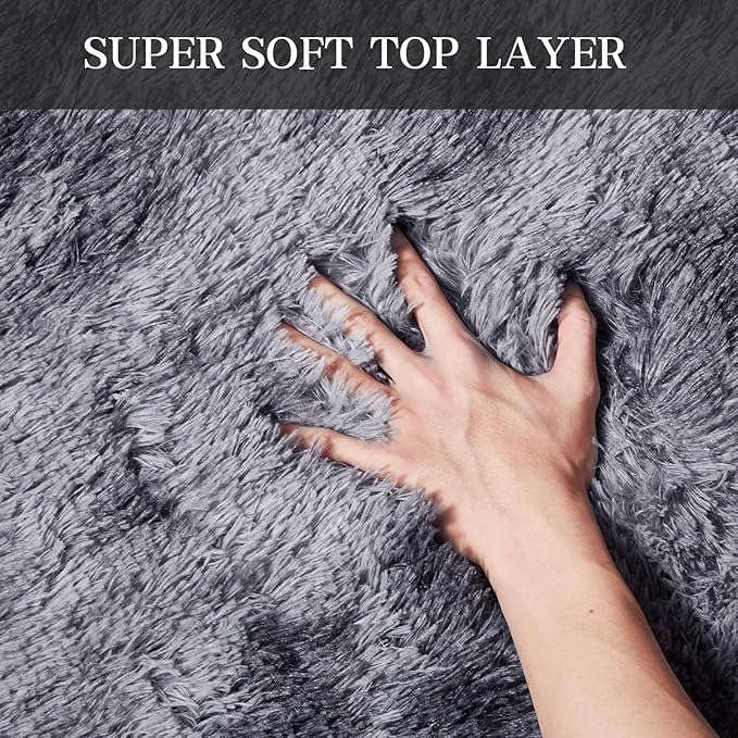 KNZE 9X12 Feet High Pile Tie-Dye Rug, Dark Grey, Area Rug for Living Room, Plush Shag Carpet for Kids Room, Extra Large Fuzzy Rug, Soft Home Decor