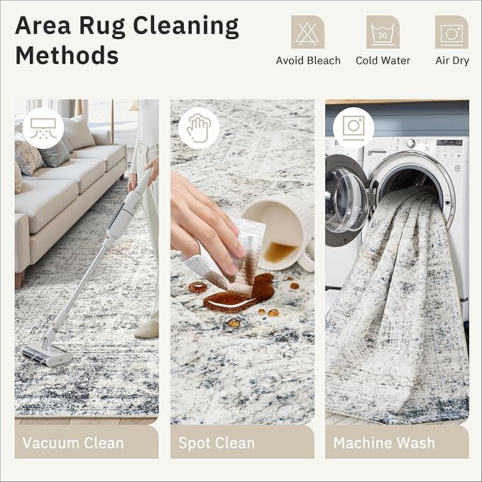10x14 Area Rugs for Living Room, Non Slip Machine Washable Vintage Rugs, Low Pile Lightweight Large Rug for Bedroom, Dining Room, Home Office Blue Ivory