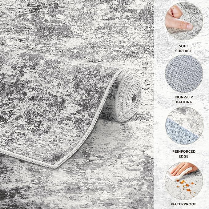 8ft Round Area Rug Living Room Rugs - 8x8 Washable Neutral Modern Abstract Soft Thin Rug Indoor Floor No Slip Rug Carpet for Bedroom Under Dining Table Home Office Decor - Grey
