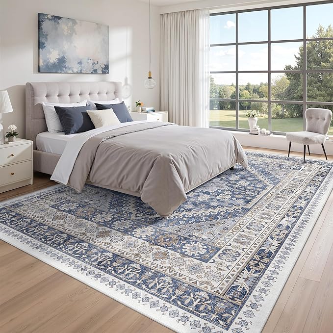 zesthome 9x12 Area Rugs,Stain Resistant Washable Rug,Ultra-Thin Rugs for Living Room,Bedroom,Non-Slip Backing Home Decor Large Area Rug (Blue/Beige,9'x12')