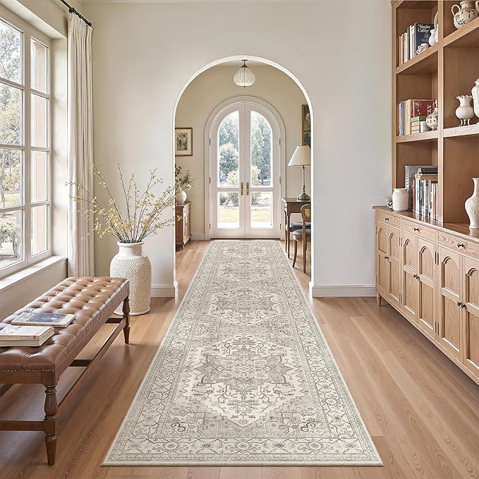 Madane Hallway Runner Rug 2'6''x12', Non Slip Vintage 12ft Runners for Hallways Washable Kitchen Rugs Soft Low Pile 2.5x12 ft Rug Runner for Laundry Room, Entryway and Bedroom, Beige/Brown