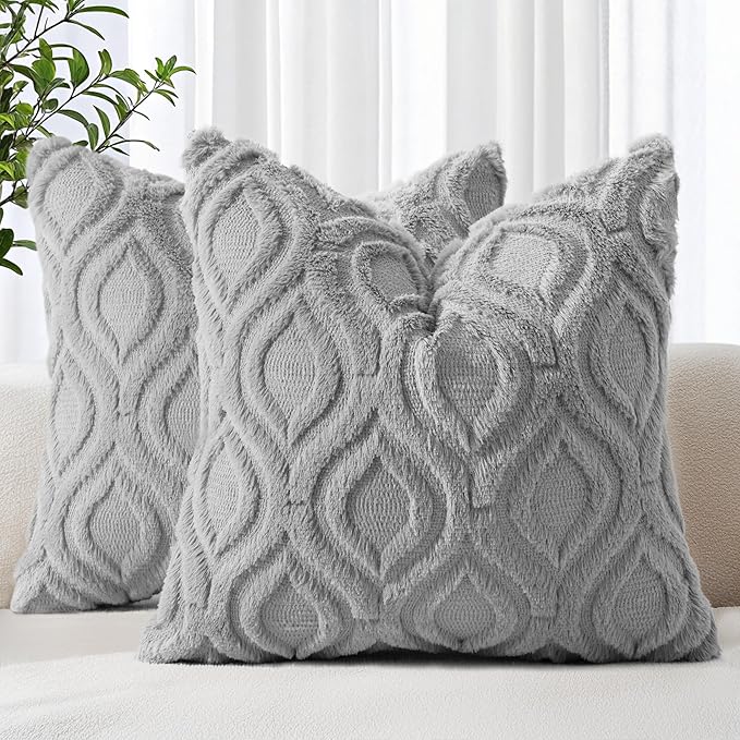 decorUhome Throw Pillow Covers 24x24 Inch Set of 2, Soft Plush Faux Wool Grey Solid Couch Pillow Covers, Accent Euro Sham Farmhouse Neutral Square Pillow Cases for Sofa Bed Living Room