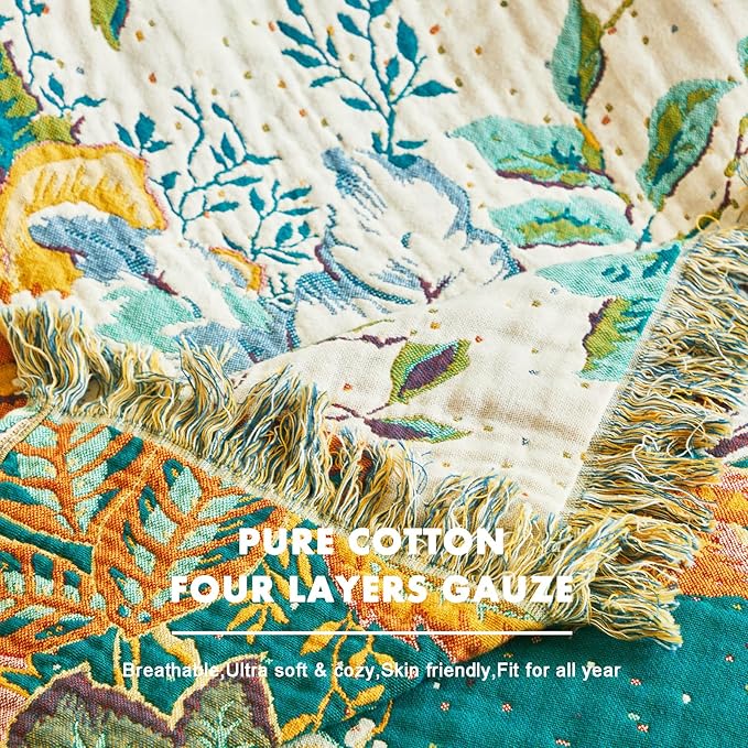 MSGKV Boho Throw Blanket for Bed Couch Twin Size Cotton Vine Blanket 60"x80" Couch Muslin Spring Breathable Lightweight Farmhouse Blankets for All Seasons Home Decor