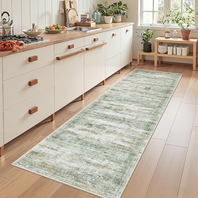 Rug Runners for Hallways Non Slip - 2x8 Runner Rug for Bedroom, Washable Runner with Rubber Backing, Soft Low-Pile Carpet for Kitchen, Laundry, Bathroom (2'x8', Green/Yellow/Ivory)