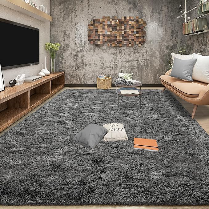 Tepook Fluffy Large Rugs for Living Room, Shag Area Rug 6x9 Soft Carpet for Bedroom, Modern Shaggy Rug for Kids Boys Girls, Plush Indoor Nursery Home Decor Rug with Non-Slip Bottom, Dark Grey