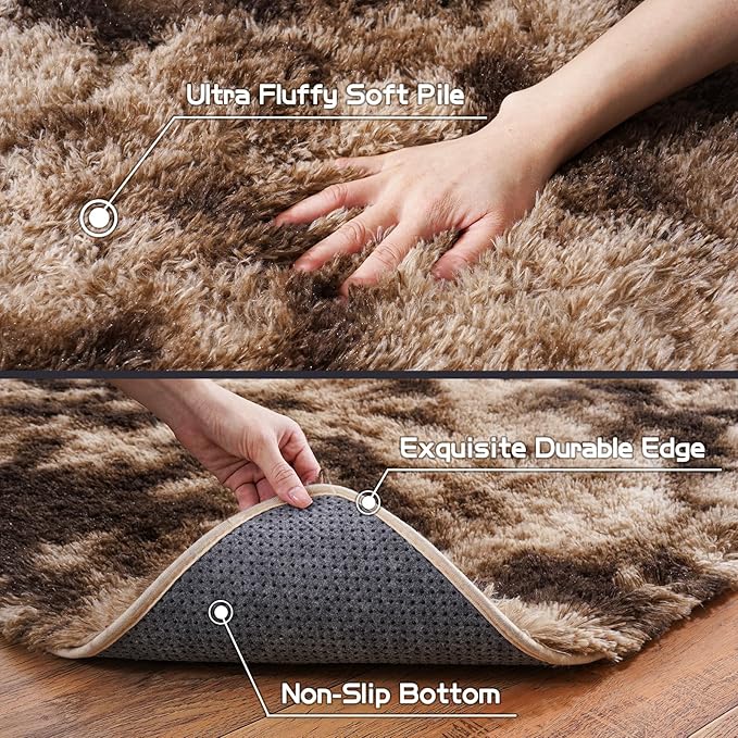 Pionblank Super Fluffy Brown Rug for Bedroom 5x7, Modern Indoor Shag Carpet, Soft Plush Non Slip Rugs for Living Room Kids Room Cloakroom Home Decor, Tie-Dyed Coffee