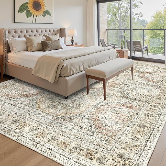 10x14 Area Rugs for Living Room, Non Slip Machine Washable Vintage Rugs, Low Pile Lightweight Large Rug for Bedroom, Dining Room, Home Office Brown Pink