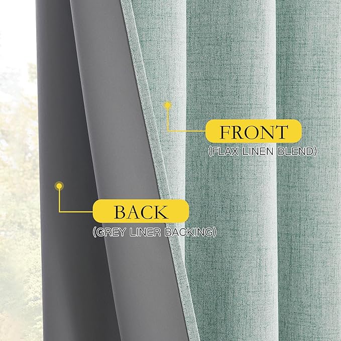 NICETOWN 100% Absolutely Blackout Linen Curtains with Thermal Insulated White Liner, Seafoam Green, 42" Wide, 84" Length Energy Saving Curtains for Living Room 2 Panels Set, Vertical Blinds