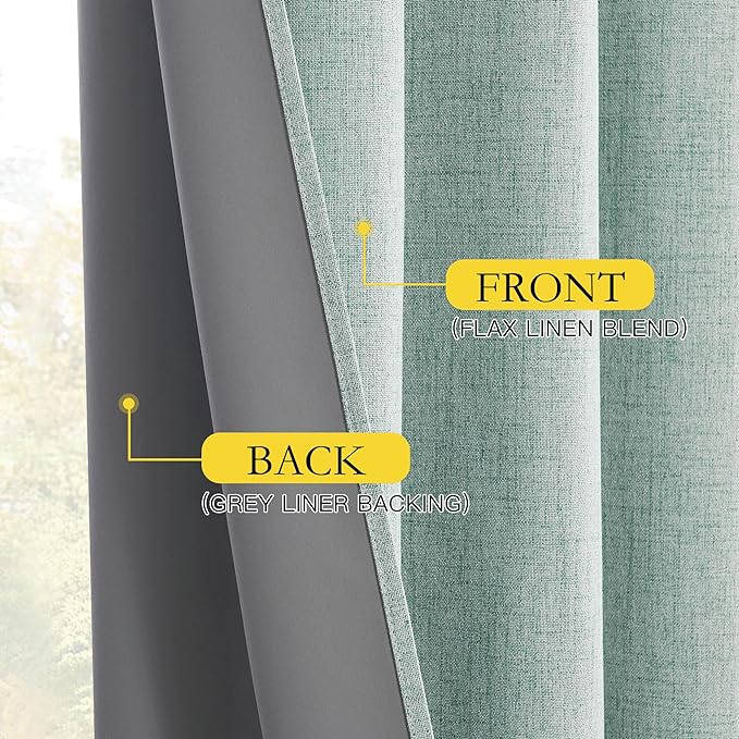 NICETOWN 100% Absolutely Blackout Linen Curtains with Thermal Insulated Liner, Seafoam Green, 62" Wide, 90" Length Energy Saving Curtains for Living Room 2 Panels Set, Vertical Blinds