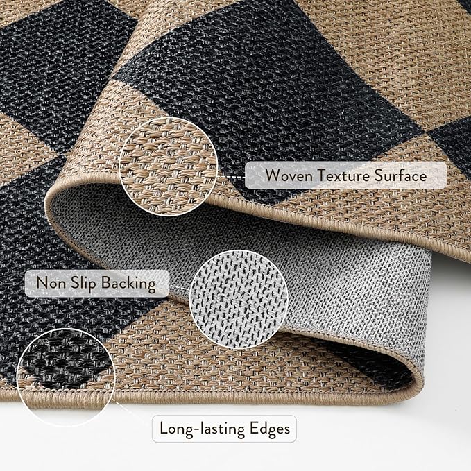 Lahome Colette Checkered Round Rug 3ft, Circle Indoor Outdoor Entryway Patio Rug Washable Easy Jute Rug, Farmhouse Non Slip Small Round Rugs for Bedroom Porch Living Room Decor