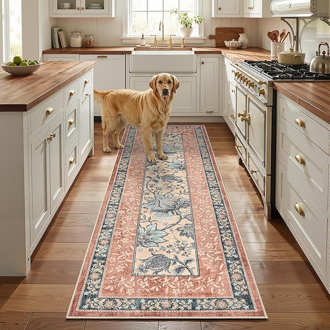 GarveeHome Terracotta Teal Washable 6x9 Area Rugs, Botanical Grove Vintage Cottagecore Non-Slip Rug for Living Room Bedroom Nursery Kitchen Low-Pile Retro Large Carpet