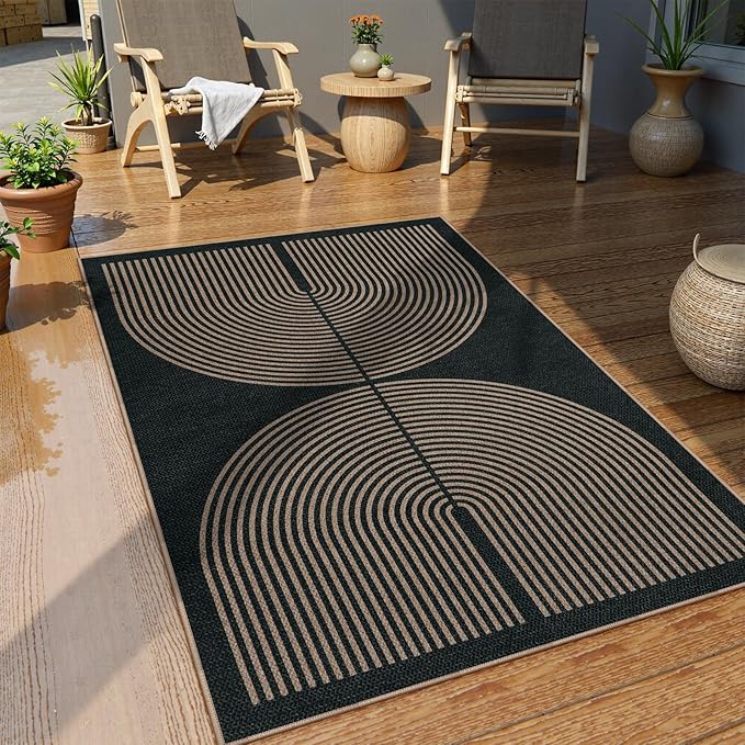 Lahome Enfys Modern Rainbow Easy Jute Outdoor Patio Rug, 3x5 Black Washable Rugs for Entryway Office Farmhouse Classroom Carpet, Contemporary Non Slip Front Door Mat for Porch Guestroom Room Decor