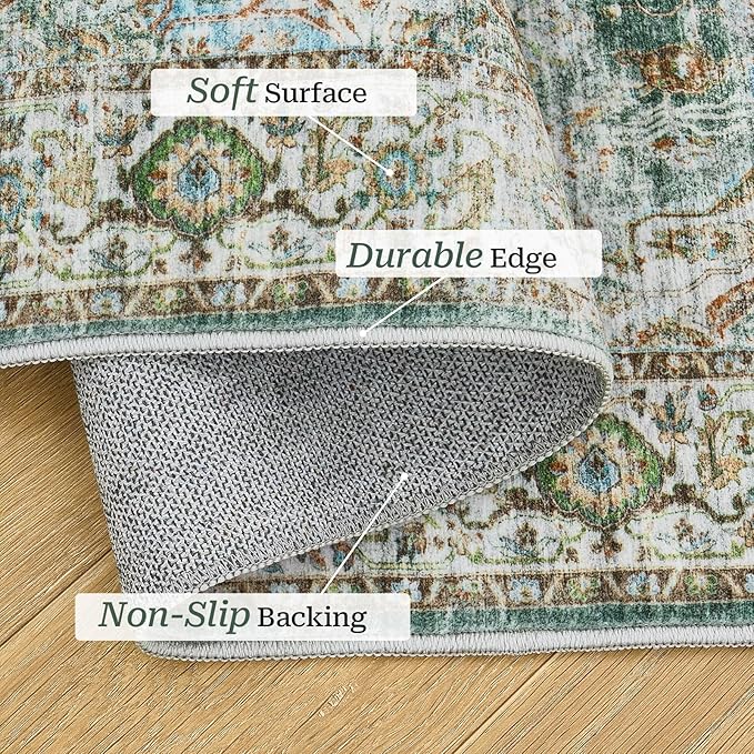 Madane Runner Rug 2'6''x8' Kitchen Runner, Hallway Runner Printed Vintage Washable Rugs Soft Non-Slip Low Pile Runners for Hallways Laundry Room Rug Distressed Rug, Green