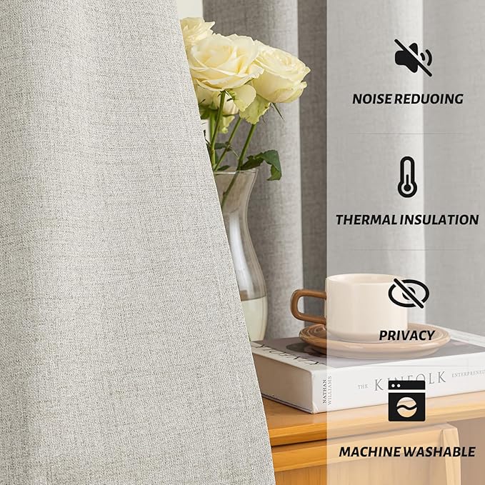 Yakamok Oatmeal Linen Curtains 100% Blackout 90 Inches Long,Room Darkening Textured Curtains for Living Room Thermal Grommet Bedroom Curtains 2 Panels with White Liner