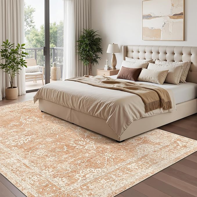 Madane 5x7 Area Rugs for Living Room, Washable Vintage Rug with Non-Slip Backing, Soft Floral Print Throw Rugs Floor Low Pile Carpet for Bedroom Dining Room Farmhouse (5 x 7, Jasper Orange)