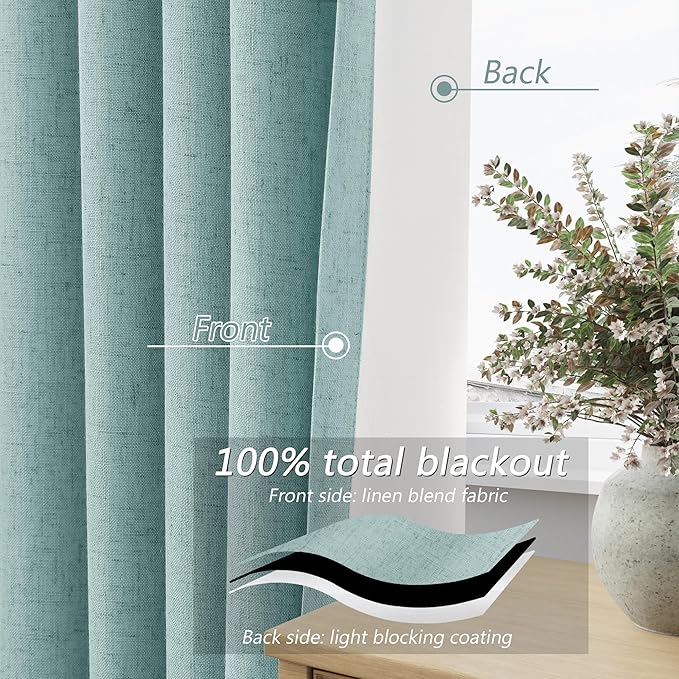 Guken 100% Blackout Linen Curtains 102 Inch Length 2 Panels Set for Living Room Bedroom Back Tab Thermal Insulated Black Out Linen Drapes Room Darkening Window Curtains,Light Blue