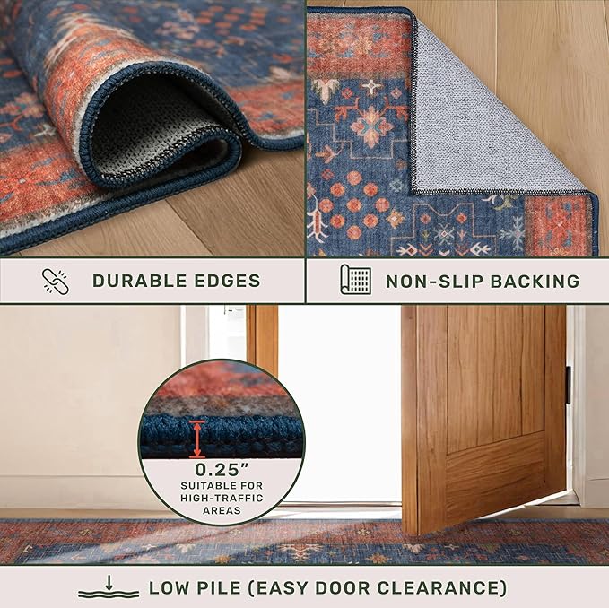 Boho Navy Blue 10x14 Area Rug for Living Room, Extra Large Dining Room Rugs for Under Table, Soft Low Pile Carpet for Bedroom - Vintage Floral Rug, Non-Slip & Stain Resistance (10x14 Navy Blue)