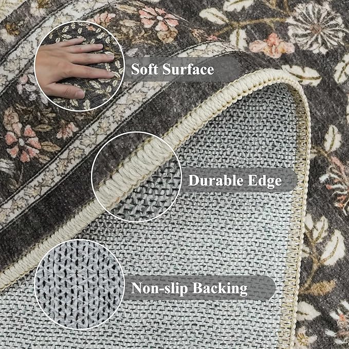 TOPRUUG 2x12 Washable Runner Rug - 12ft Runners for Hallway Non Slip Kitchen Rugs Soft Low Pile Carpet for Bedroom Bathroom Entryway - Stain Resistant Vintage Home Decor (Floral Charcoal, 2X12)