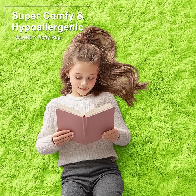 OLANLY 5x8 Machine Washable Large Area Rugs for Living Room, Bedroom, Soft Fluffy Shaggy Bedside Rug, Indoor Floor Carpet for Kids Girls and Boys, Dorms, Nursery, Home Decor Aesthetic, Lime Green