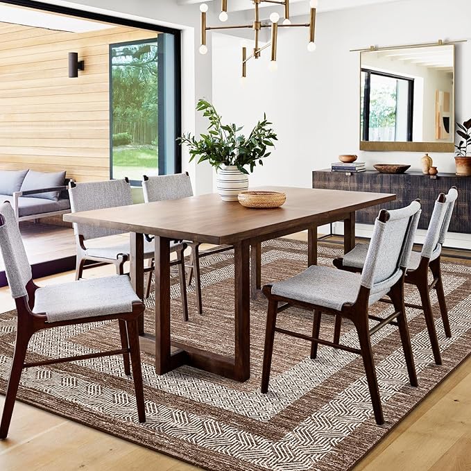 GarveeHome Modern Geometric Rug 4x6 Washable Rug for Living Room, Soft Non Shedding Indoor Carpet with Non Slip TPR Backing, Low Pile Thin Foldable Printed Floor Mats for Dining Room, Brown