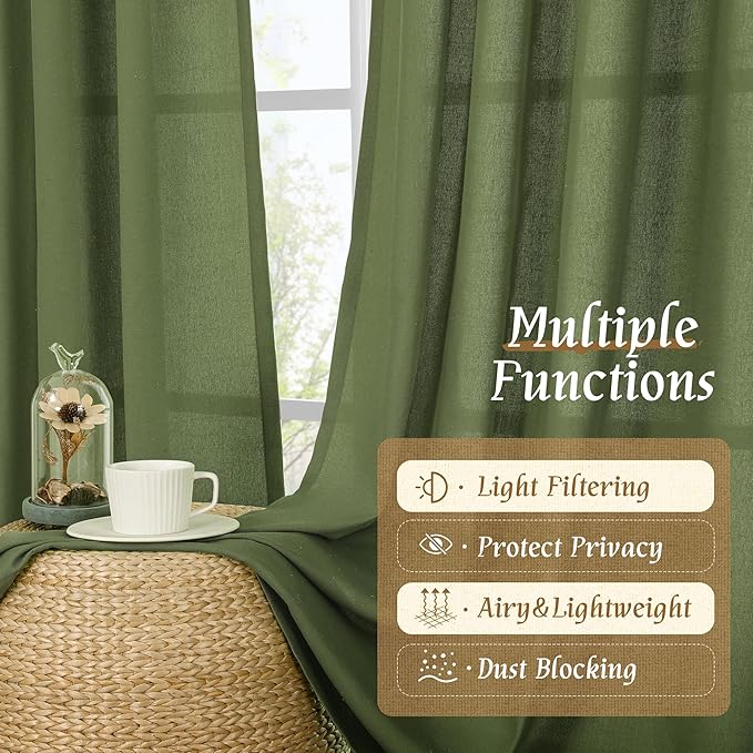 LAMIT Faux Linen Curtains 63 inches Long for Bedroom, Rod Pocket Thick Linen Drapes Light Filtering Privacy Window Christmas Decor Curtains for Living Room, 2 Panels (52 x 63 Inch, Olive Green)
