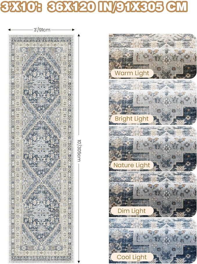 3x10 Runner Rug Non Slip Washable for Entryway, Front Porch, Vintage Hallway Runner for Laundry Room, Bedroom, Stain Resistant Thin Indoor Kitchen Mats for Floor(Blue/Beige,3'x10')