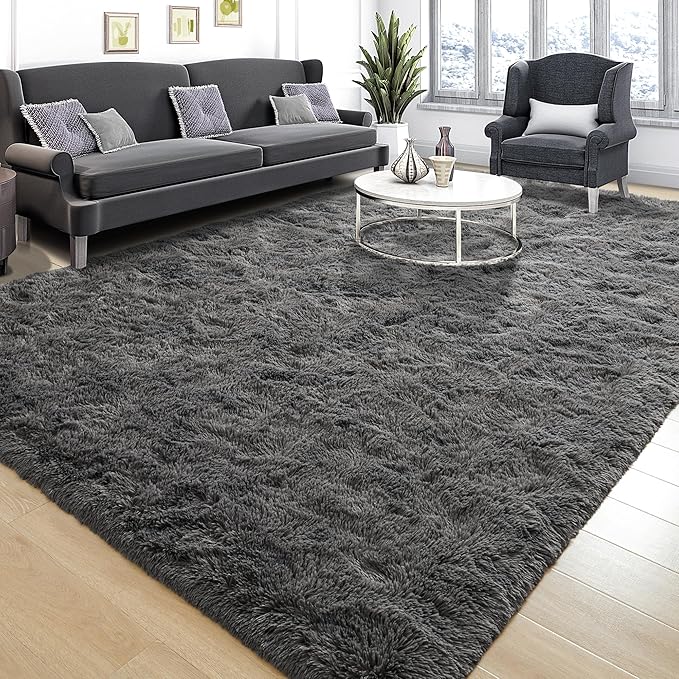 Tepook Soft Fluffy Rugs for Living Room, 5x8 Shaggy Area Rug for Bedroom, Modern Shag Rug Fuzzy Carpets for Kids, Plush Indoor Nursery Home Decor Rug with Non-Slip Bottom, Dark Grey