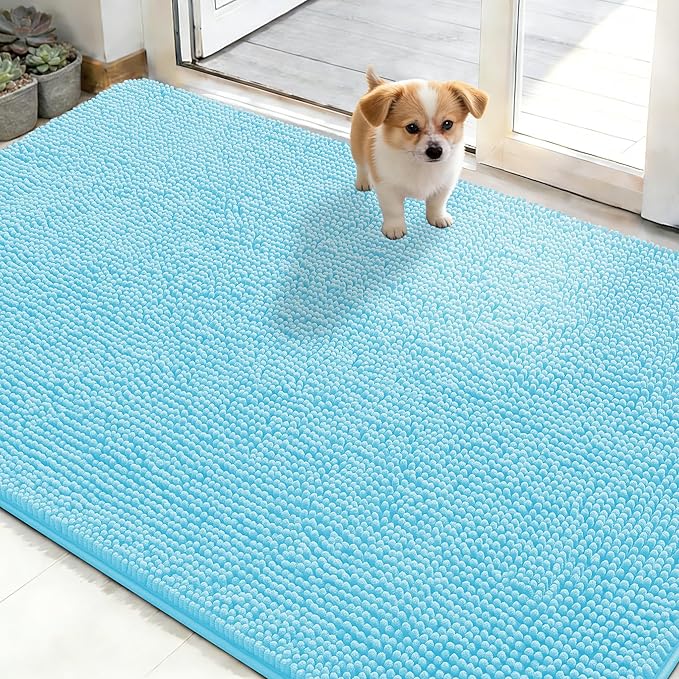OLANLY Dog Door Mat for Muddy Paws 50x30, Absorbs Moisture and Dirt, Absorbent Non-Slip Washable Doormat, Quick Dry Chenille Mud Mat for Dogs, Entry Indoor Entryway Carpet for Inside Floor, Blue