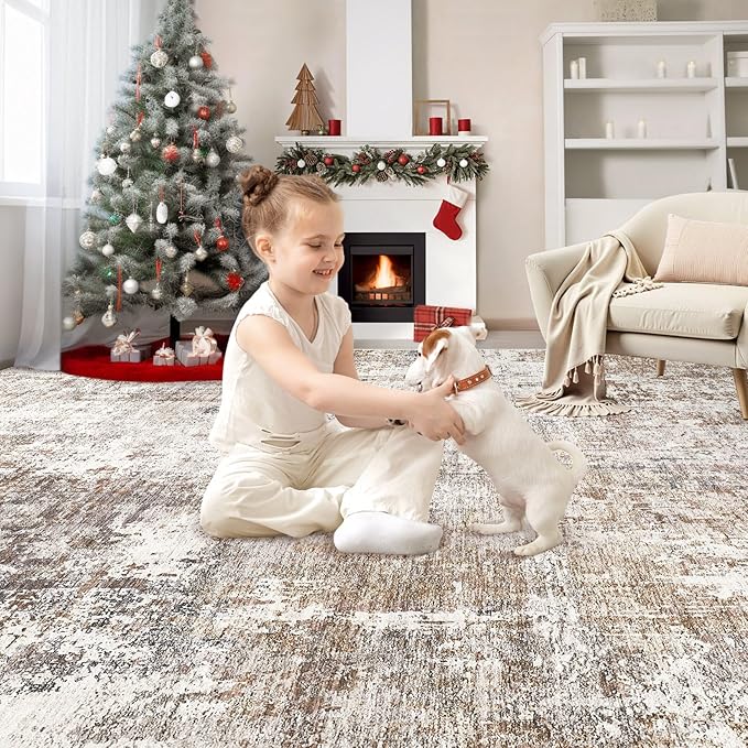 UERMEI Area Rug Living Room Rugs - Washable Neutral Modern Abstract Soft Thin Rug Indoor Floor No Slip Rug Carpet for Bedroom Under Dining Table Home Office Decor - Brown/Grey/Red - 10x14